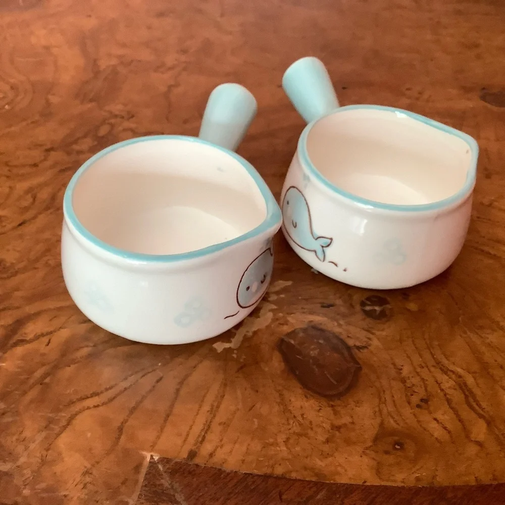Ceramic Miniature Individual Milk Creamers Syrup 2oz Whale Light Blue Handle